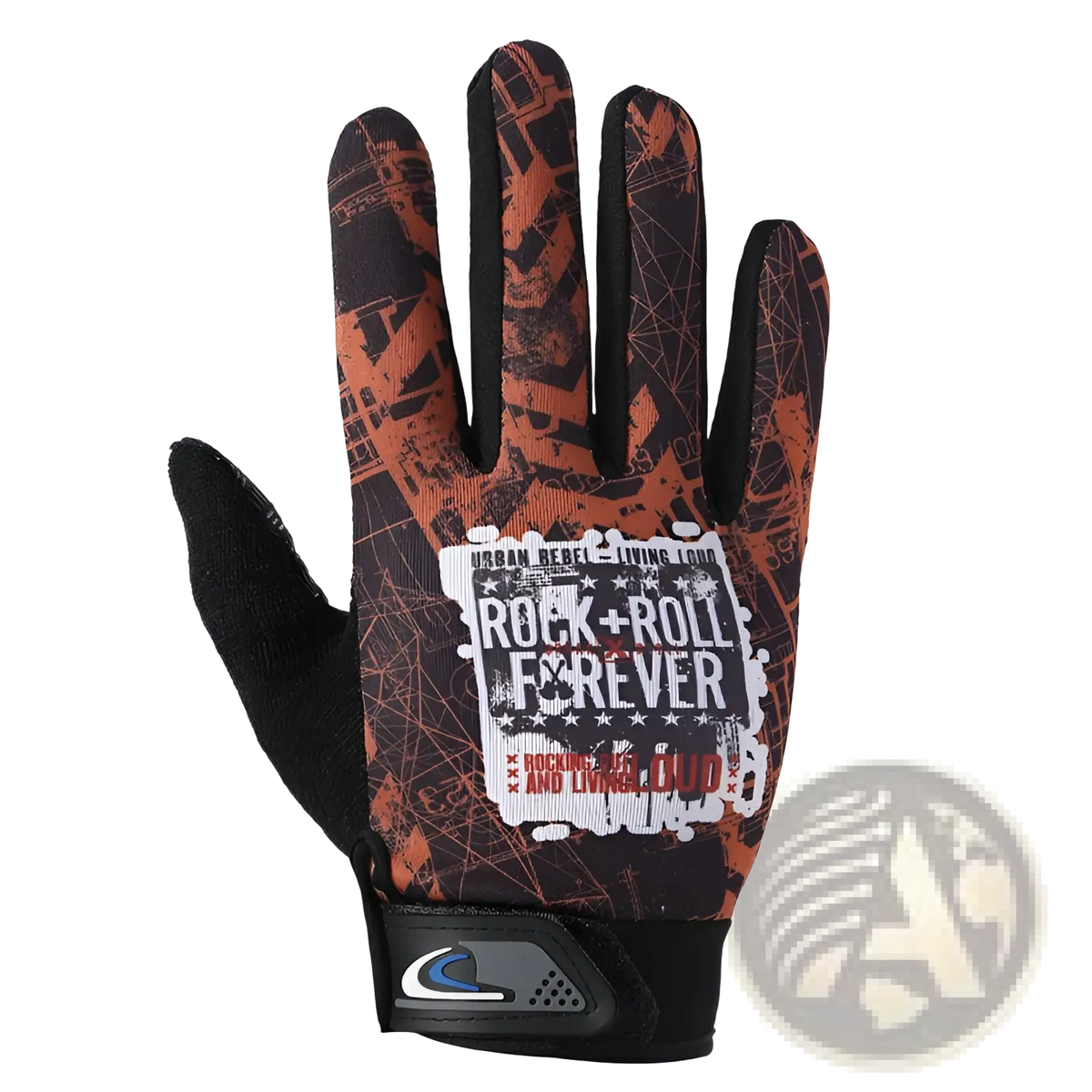 Back side of orange and black cycling gloves with rock and roll forever text featuring touch screen and non slip design
