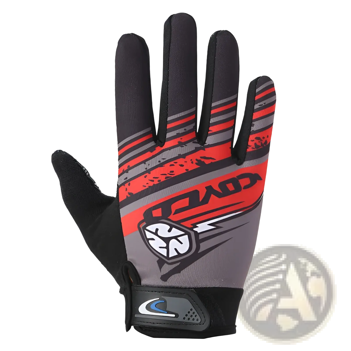 Back side of black and red covico cycling gloves with gray accents featuring touch screen and non slip design