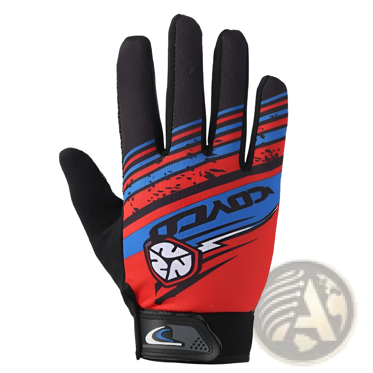 Back side of red and blue striped cycling gloves with black accents and bold convo logo for touch screen use