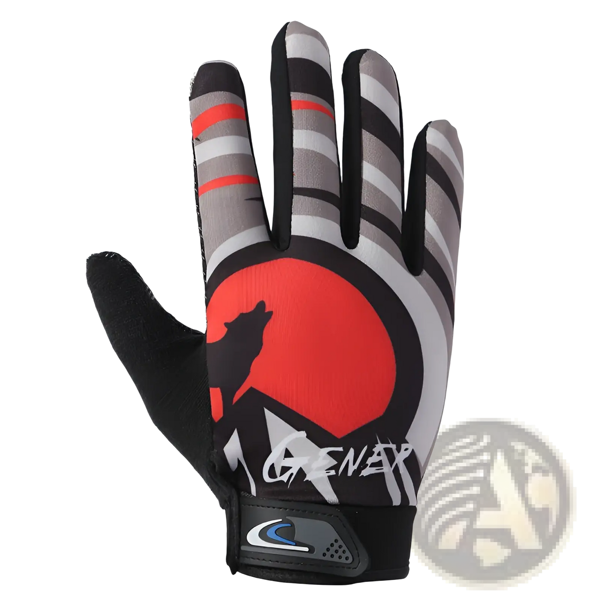 Back of black and gray striped grenex cycling gloves with touch screen and non slip features and red wolf design