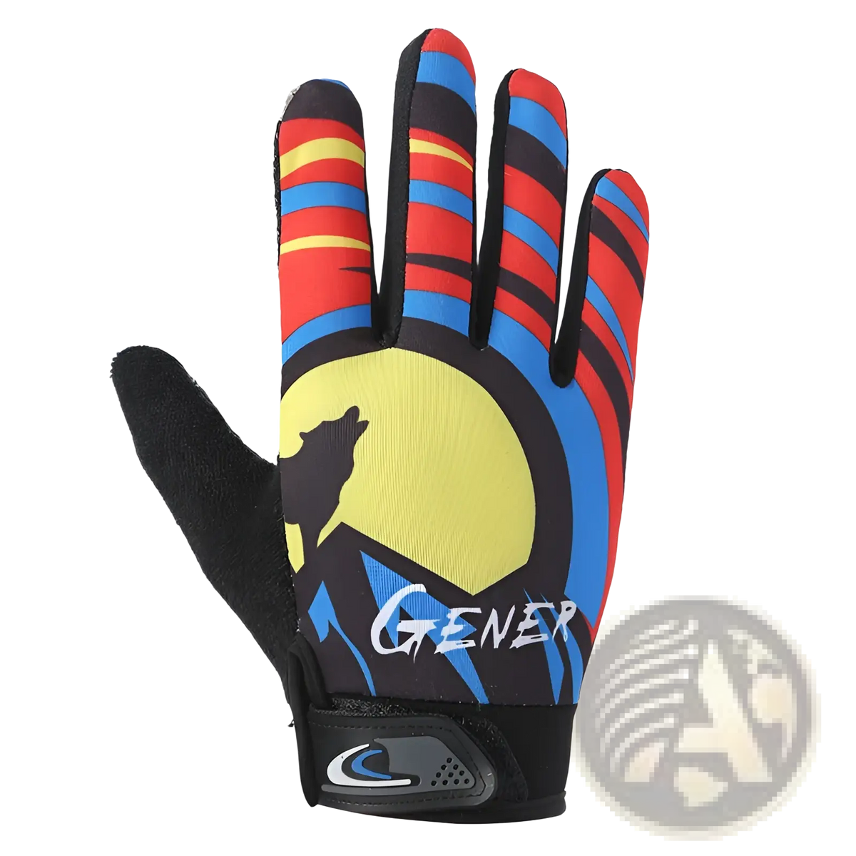 Cycling gloves touch screen athletic non slip showing the back side with vibrant red blue yellow stripes and black wolf design