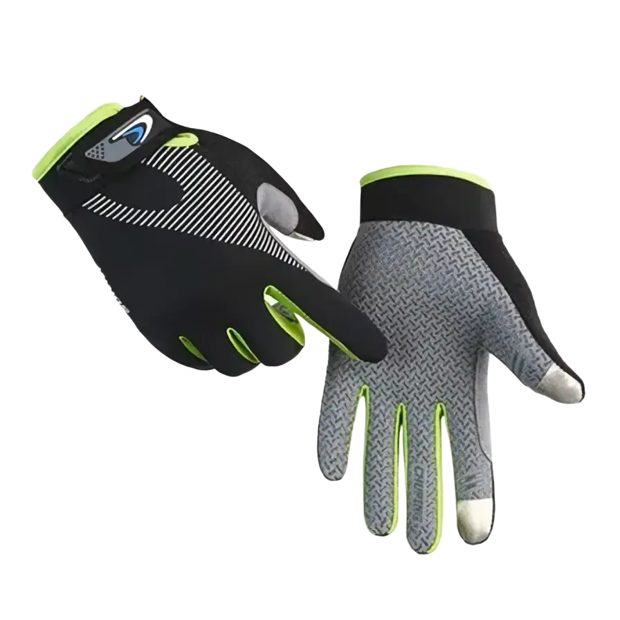 Black and neon green cycling gloves with textured gray palm panels and touchscreen-compatible fingertips for outdoor sports