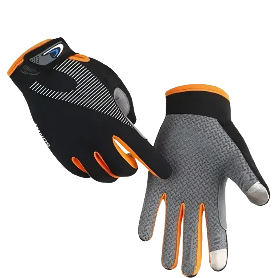 Black and orange full finger cycling gloves with gray textured palms for touchscreen use in outdoor sports