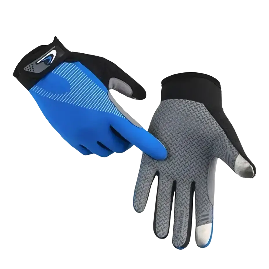 Blue and gray touchscreen full finger cycling gloves with black textured grip for outdoor sports use
