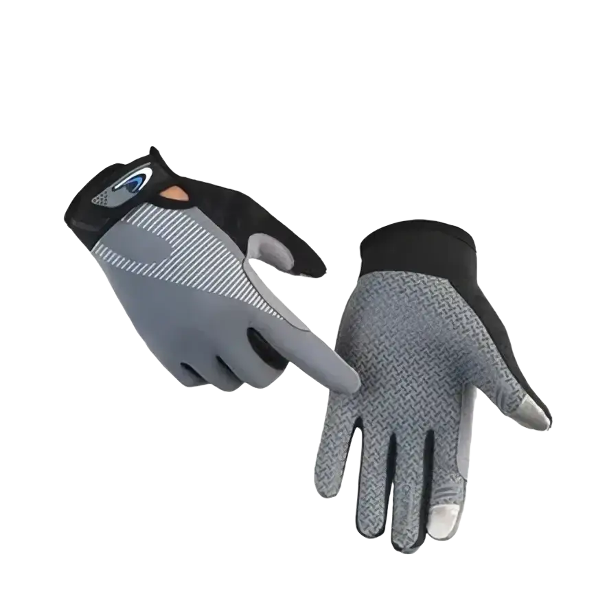 Gray and black touchscreen full finger cycling gloves with textured grip for outdoor sports use