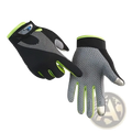 Black and neon green cycling gloves with textured gray palm panels and touchscreen-compatible fingertips for outdoor sports