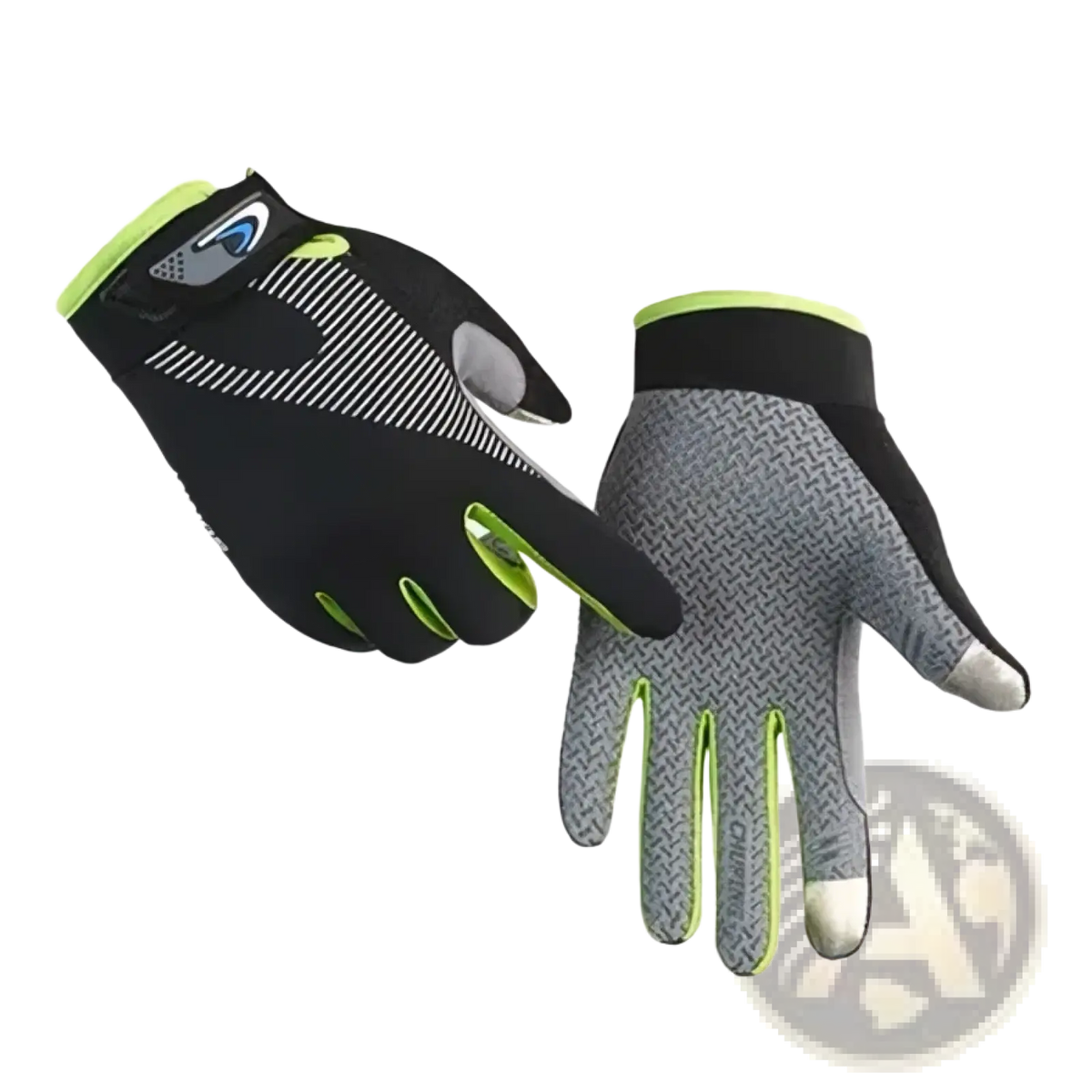 Black and neon green cycling gloves with textured gray palm panels and touchscreen-compatible fingertips for outdoor sports
