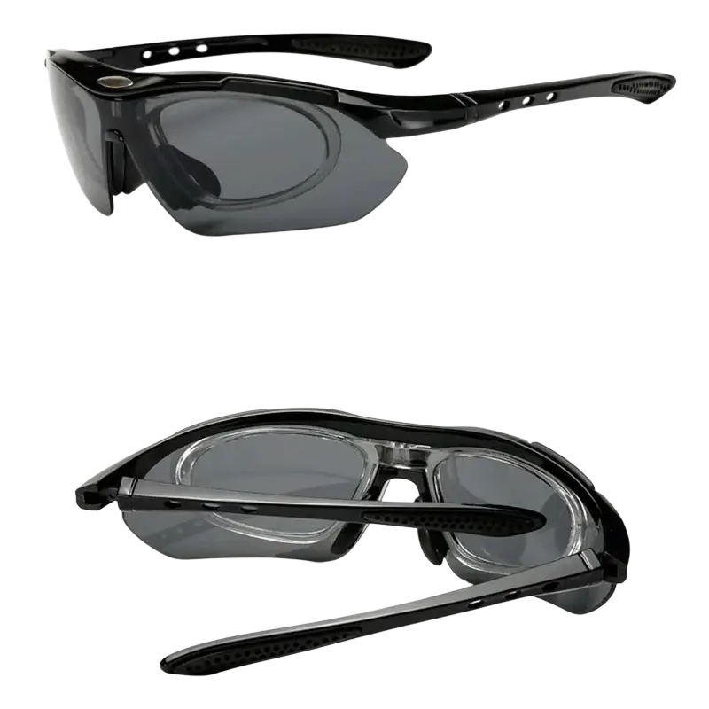 Cycling sunglasses with interchangeable dark gray lenses and a sleek black aerodynamic sport frame for performance use
