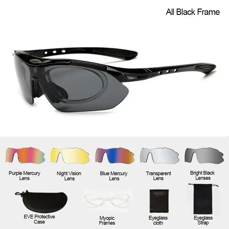 Black cycling sunglasses with aerodynamic frame and dark gray interchangeable lenses for sport eyewear use