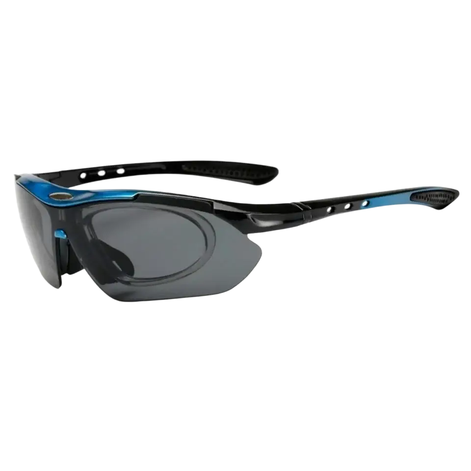 Cycling sunglasses with interchangeable dark gray lenses and black and blue sport eyewear frame for outdoor activities