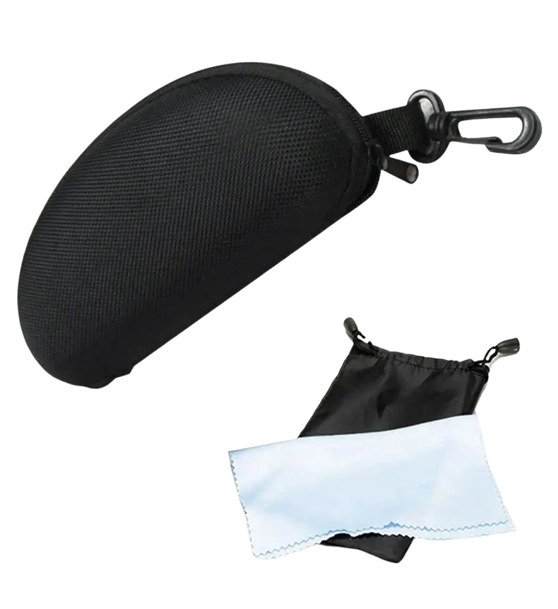 Black mesh-textured cycling sunglasses eyeglass case with carabiner clip and matching black microfiber cleaning cloth