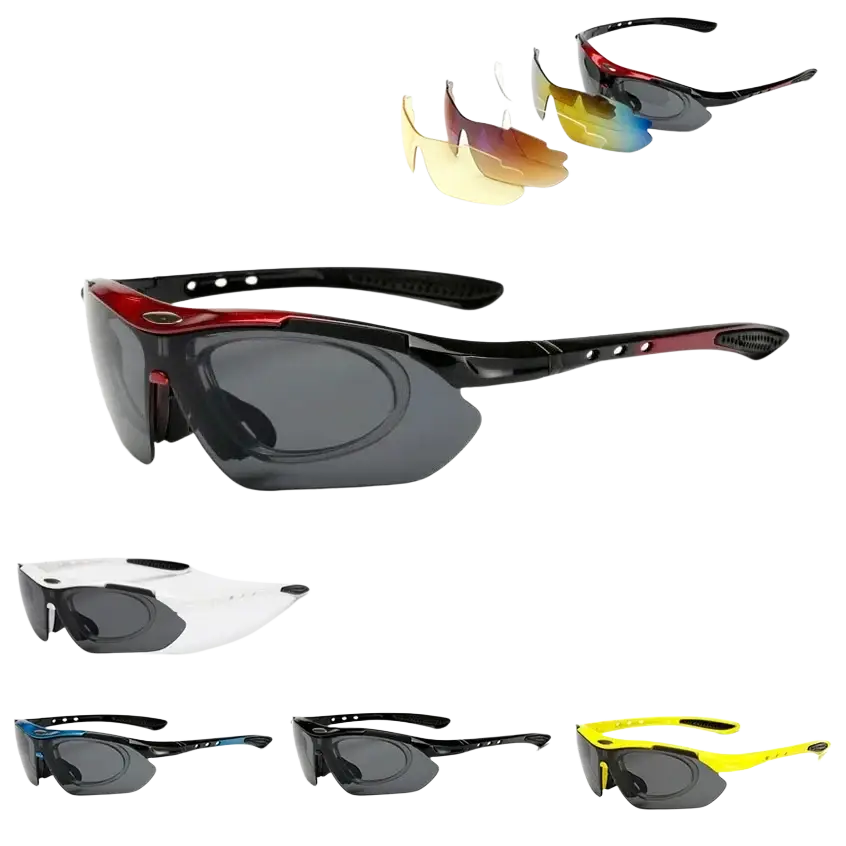 Cycling sunglasses with interchangeable lenses featuring a black and red aerodynamic sport frame design