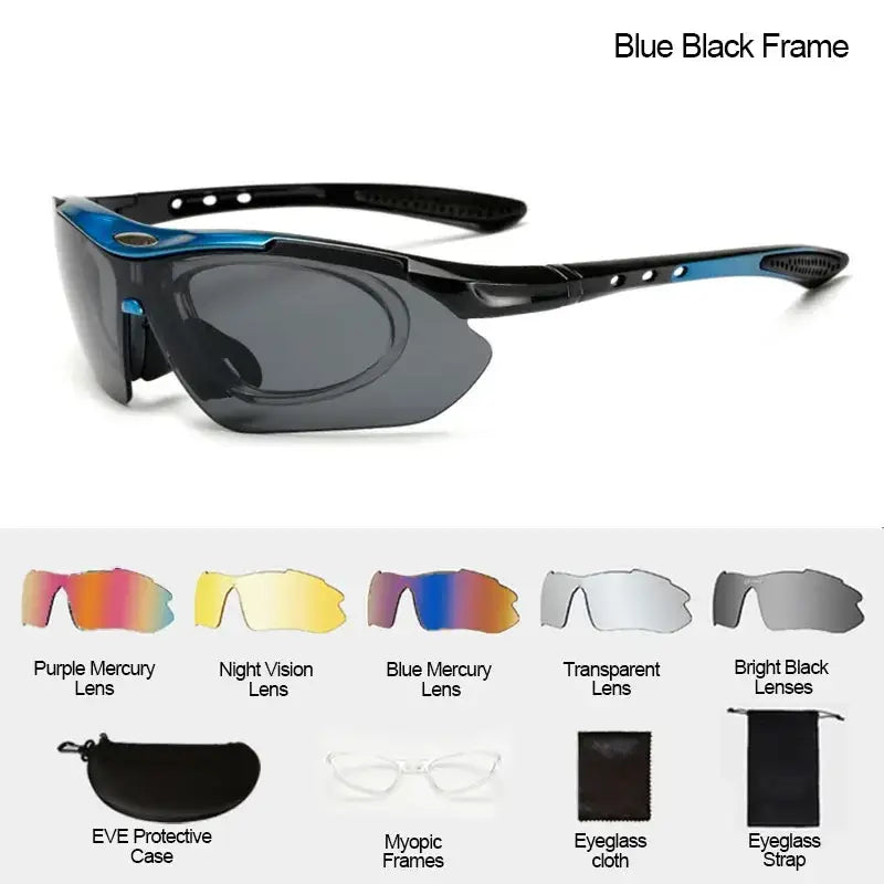 Blue and black cycling sunglasses with interchangeable dark gray lenses designed for sport eyewear use