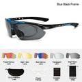 Blue and black cycling sunglasses with interchangeable dark gray lenses designed for sport eyewear use