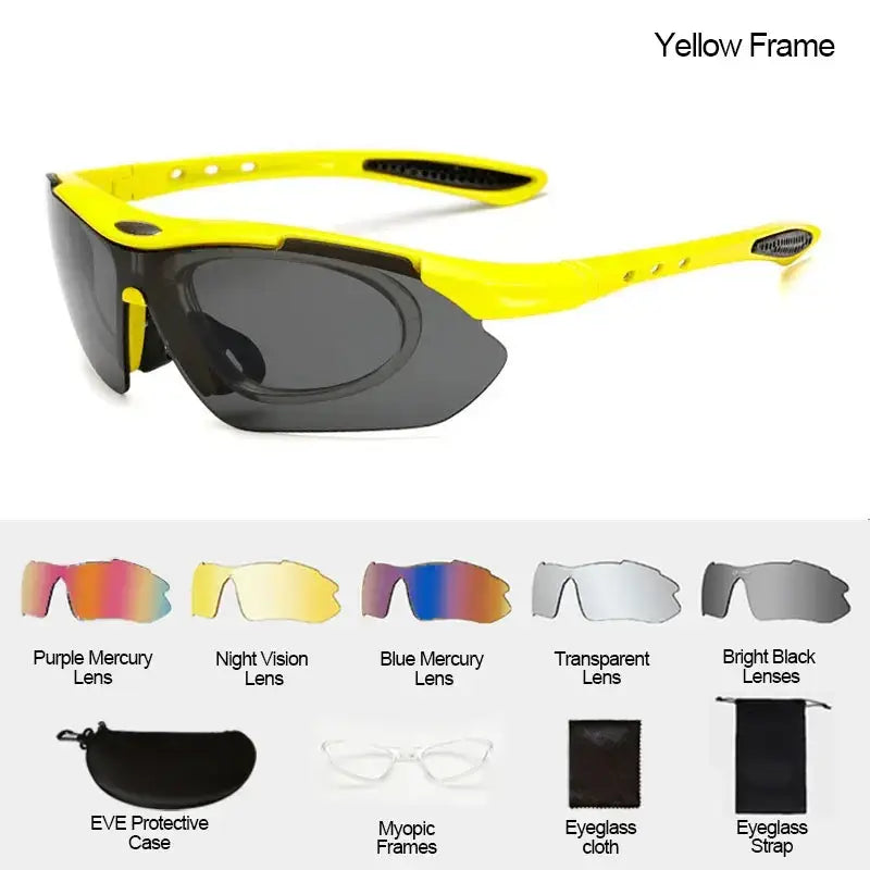 Cycling sunglasses with interchangeable dark gray lenses and bright yellow aerodynamic sport eyewear frame