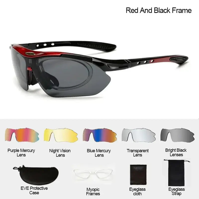 Cycling sunglasses with interchangeable lenses featuring red and black frames and dark gray sport eyewear lenses