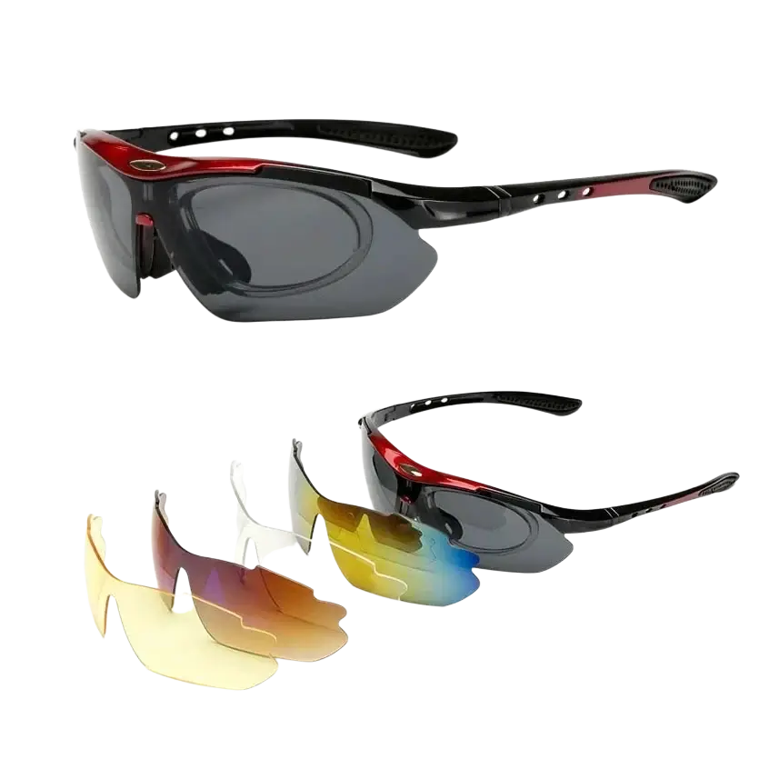 Cycling sunglasses with red and black frames and interchangeable yellow orange blue and gray sport lenses