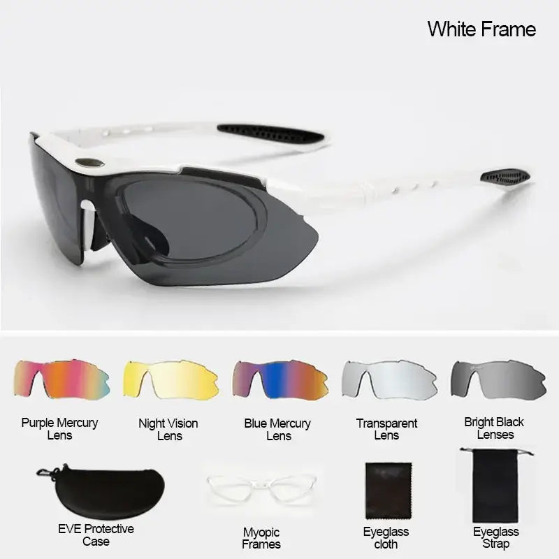 Cycling sunglasses with white frame and dark gray interchangeable lenses designed for sport eyewear use