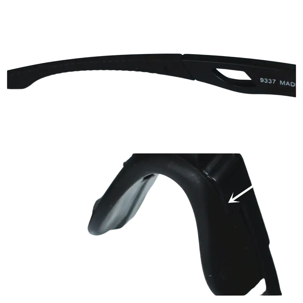 Black-framed cycling sunglasses with anti-slip temple tips and soft silicone nose bridge for outdoor riding