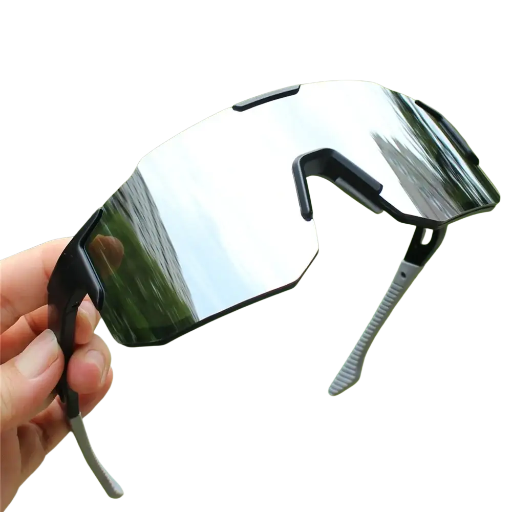Black and gray cycling sunglasses with reflective mirrored lenses designed for sports and outdoor riding use