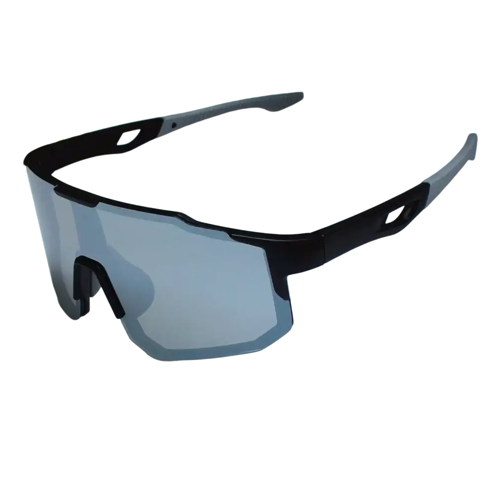 Black and gray cycling sunglasses with sleek aerodynamic frame designed for sports and outdoor riding