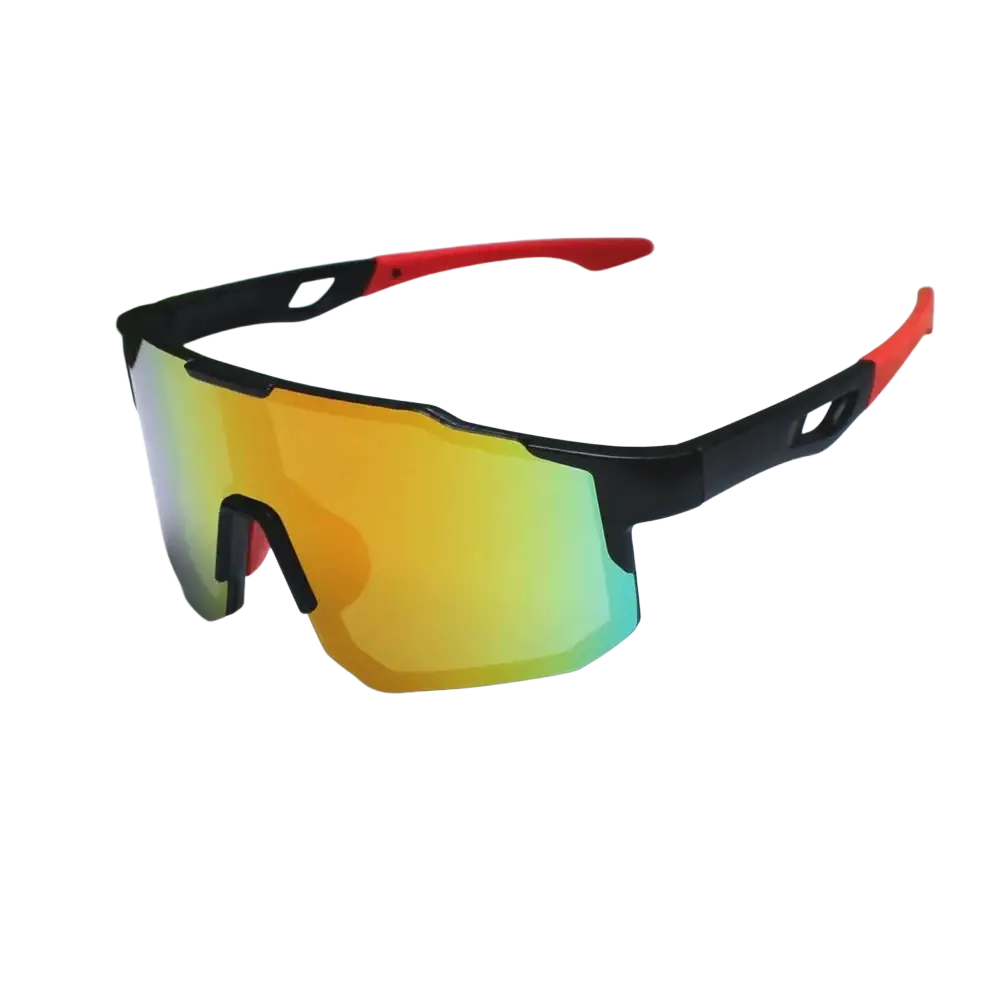 Cycling sunglasses for sports and outdoor riding with black and red frames and gradient yellow-to-green reflective lenses
