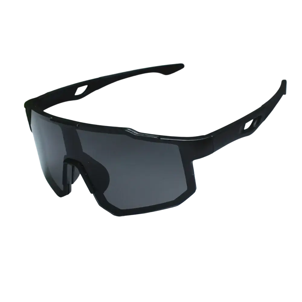 Black sport cycling sunglasses with sleek aerodynamic frames and dark gray gradient lenses for outdoor riding