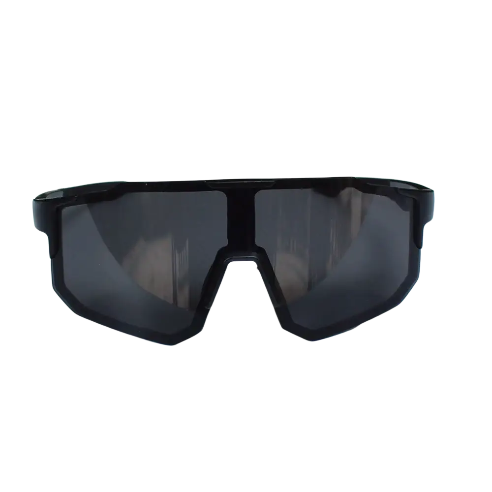 Black cycling sunglasses with dark gray lenses and a sleek aerodynamic frame for sports and outdoor riding