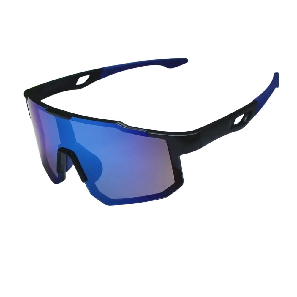 Blue and black cycling sunglasses with reflective gradient lenses designed for sports and outdoor riding