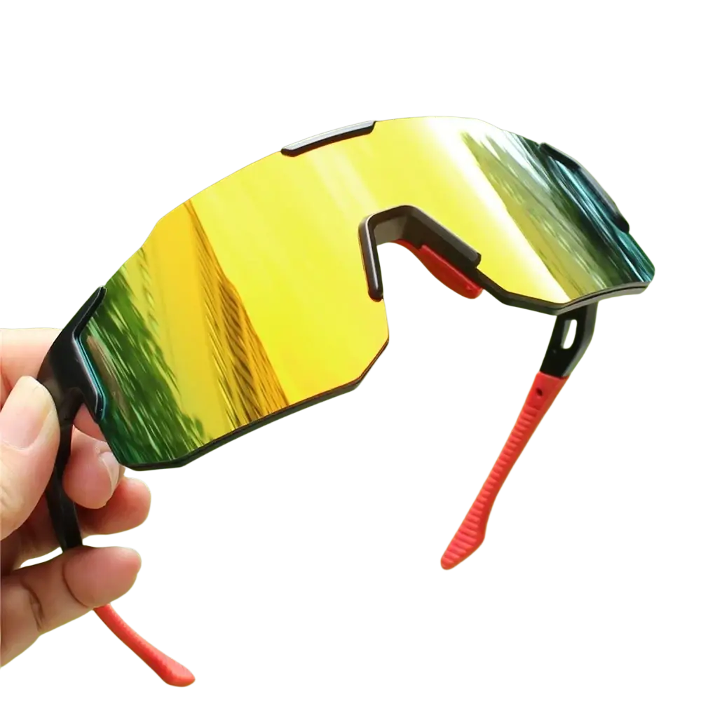 Cycling sunglasses for sports with vibrant yellow to green gradient mirror lenses and black frames with red temple tips