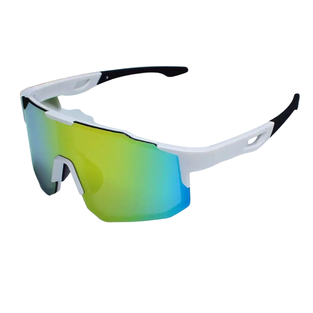 Cycling sunglasses for sports with white and black frames and gradient green to blue reflective lenses