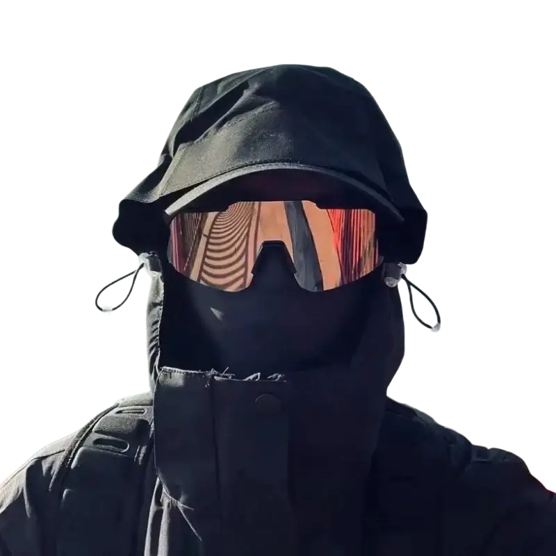 Black hooded jacket featuring cycling sunglasses uv protection large frame sports goggles with reflective orange tint