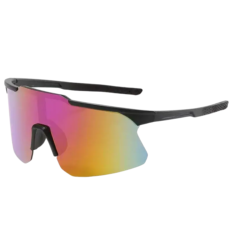 Black-framed cycling sunglasses with uv protection and gradient mirrored lens shifting from pink to orange and blue