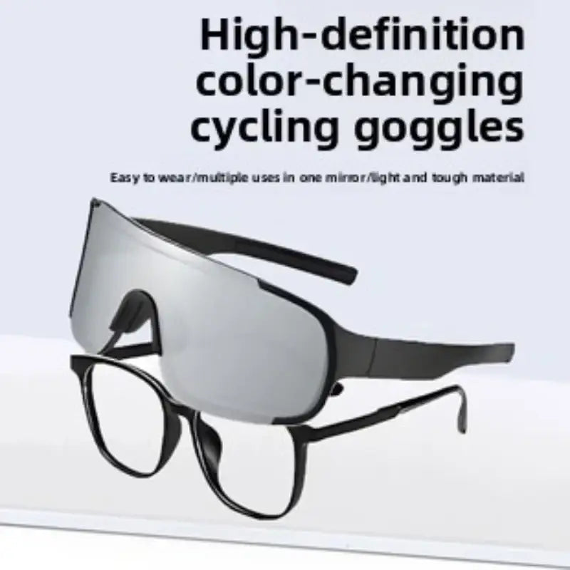 Black-framed cycling sunglasses with hd color-changing mirrored lens uv protection and adjustable nose bridge for sports