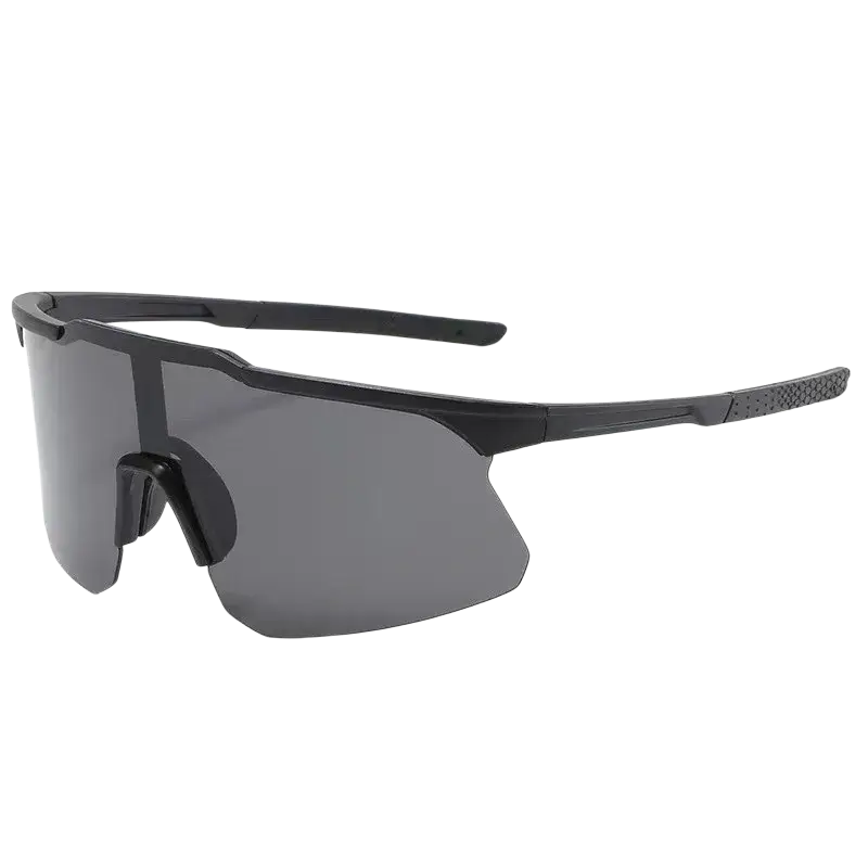Black cycling sunglasses with uv protection large aerodynamic frame and dark gray gradient lenses for sports use