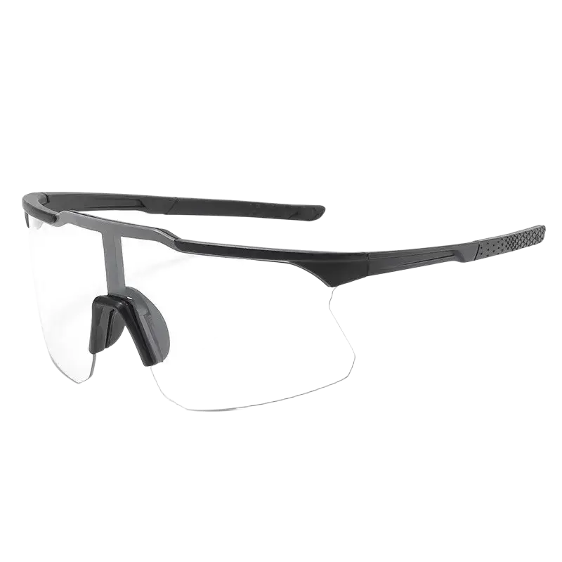 Cycling sunglasses with black framed clear lenses and textured temple tips for uv protection and sports use