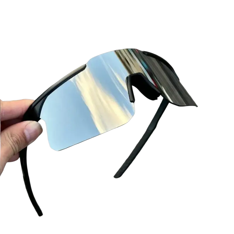 Black-framed cycling sunglasses with large uv protection mirrored lenses designed for sports use
