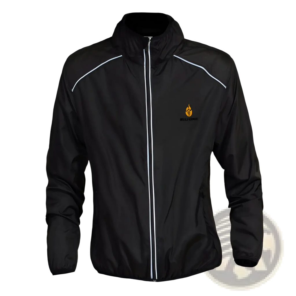 Black cycling windbreaker with white reflective zipper and shoulder trim, embroidered logo, waterproof athletic jacket