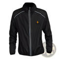 Black cycling windbreaker with white reflective zipper and shoulder trim, embroidered logo, waterproof athletic jacket