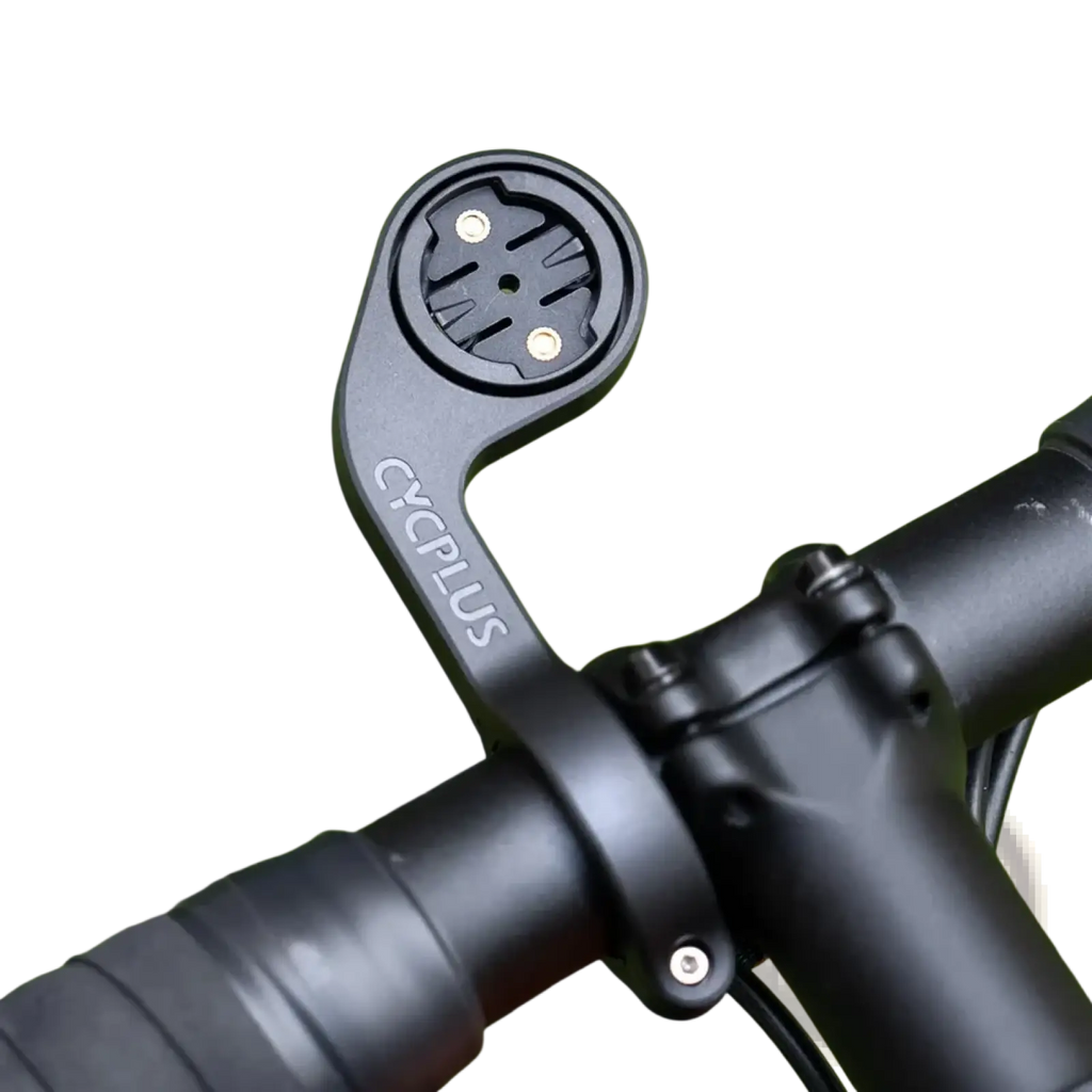 Black cycplus Z1 outfront gps bike computer handlebar mount with circular plate and two gold screws backside view