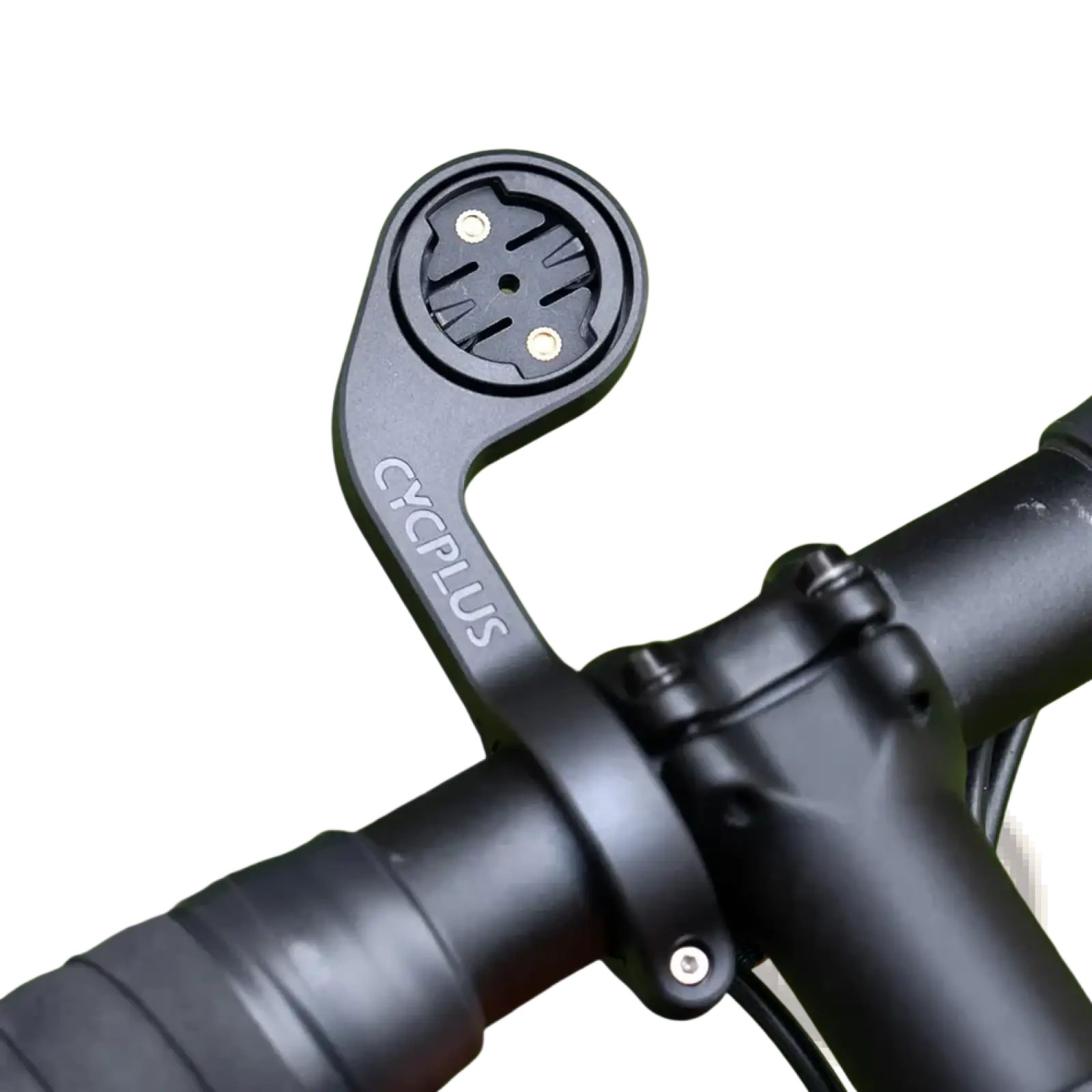 Black cycplus Z1 outfront gps bike computer handlebar mount with circular plate and two gold screws backside view