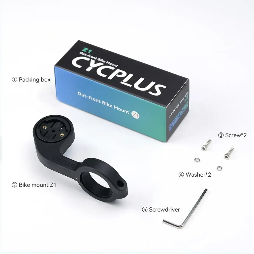 Black plastic cycplus z1 outfront gps bike computer mount with curved arm and circular clamp for handlebars