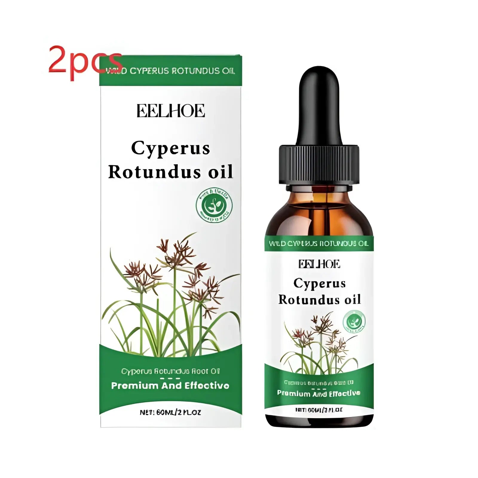 Brown glass bottle with black dropper cap and white label with green accents containing eelhoe cyperus rotundus oil 60ml for hair removal and soothing