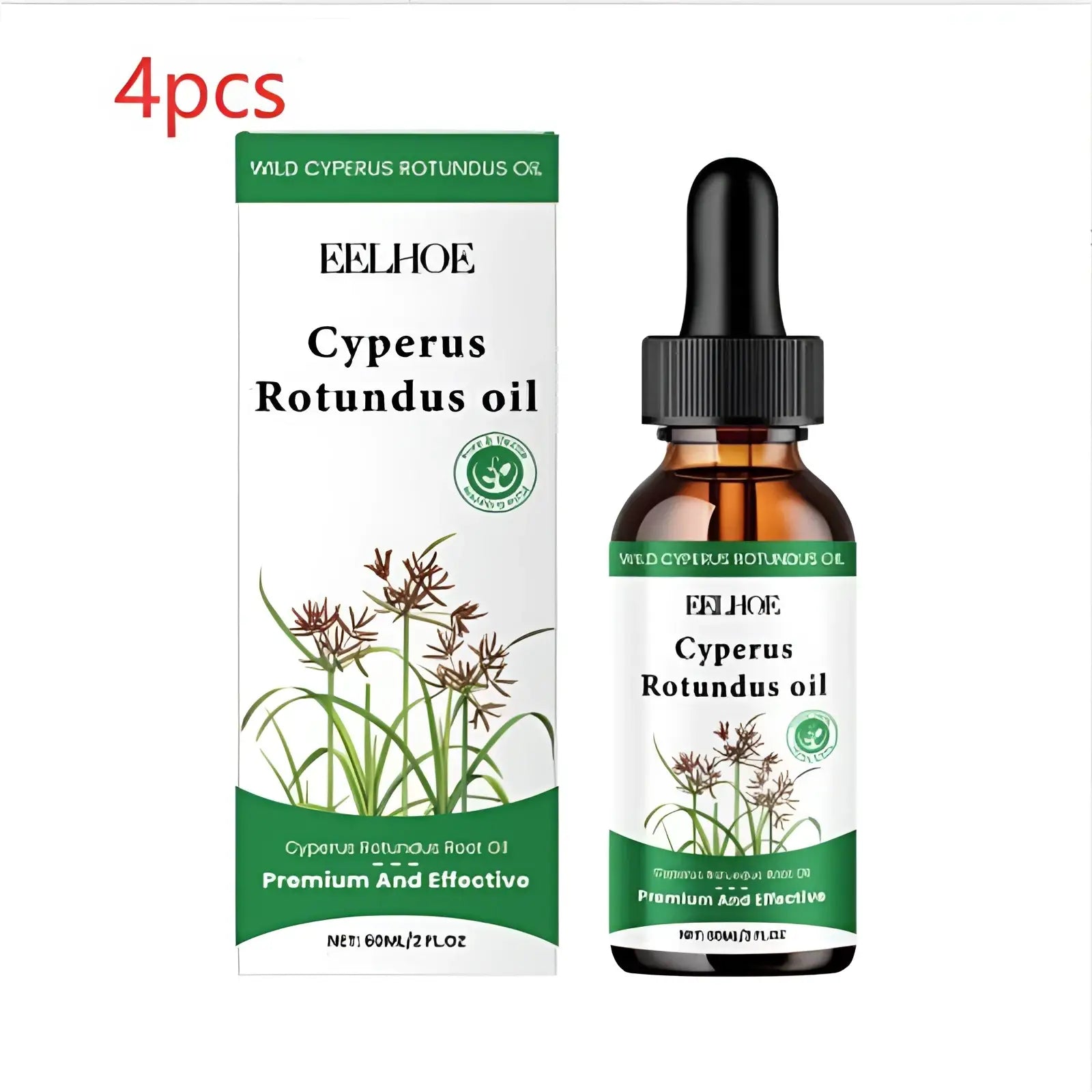 A brown glass bottle with a black dropper cap containing cyperus rotundus oil for hair removal soothing 60ml