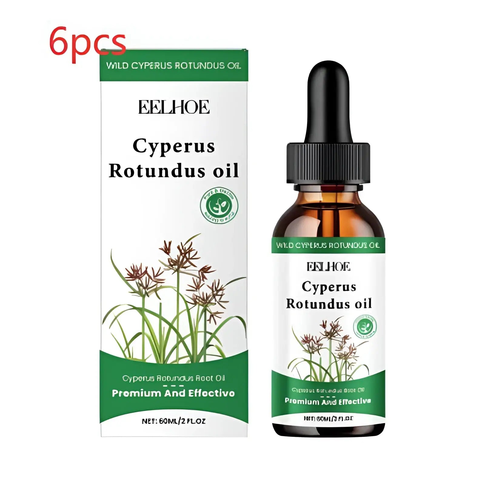 Brown glass bottle with black dropper and white label with green accents of eelhoe cyperus rotundus oil for hair removal soothing