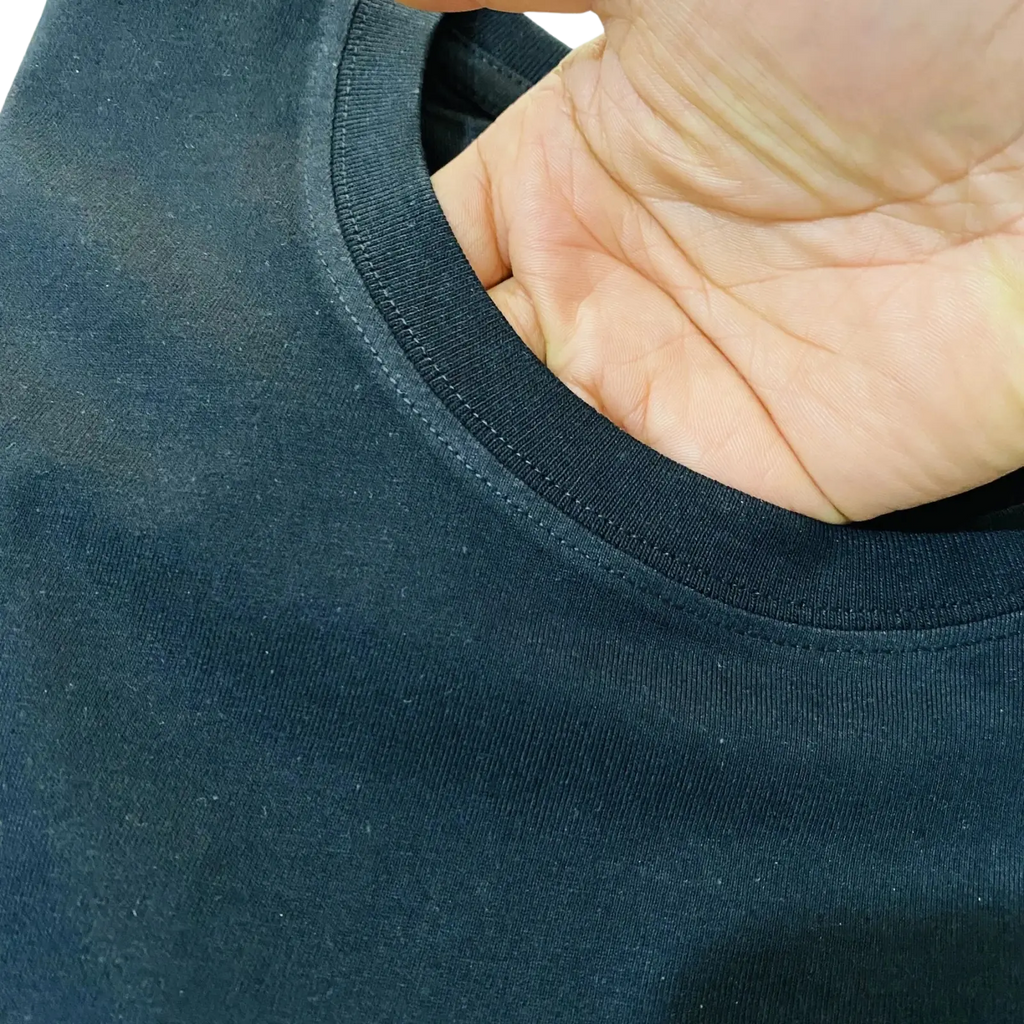 Dark navy blue cotton summer t shirt with ribbed crew neck and Cyrillic print for men