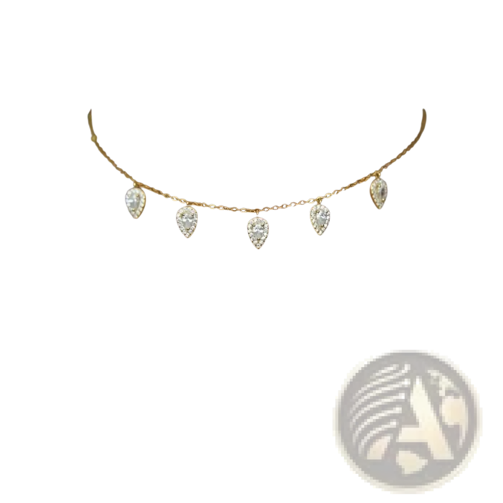 A delicate gold cz zircon teardrop choker necklace with four clear crystal encrusted pendants