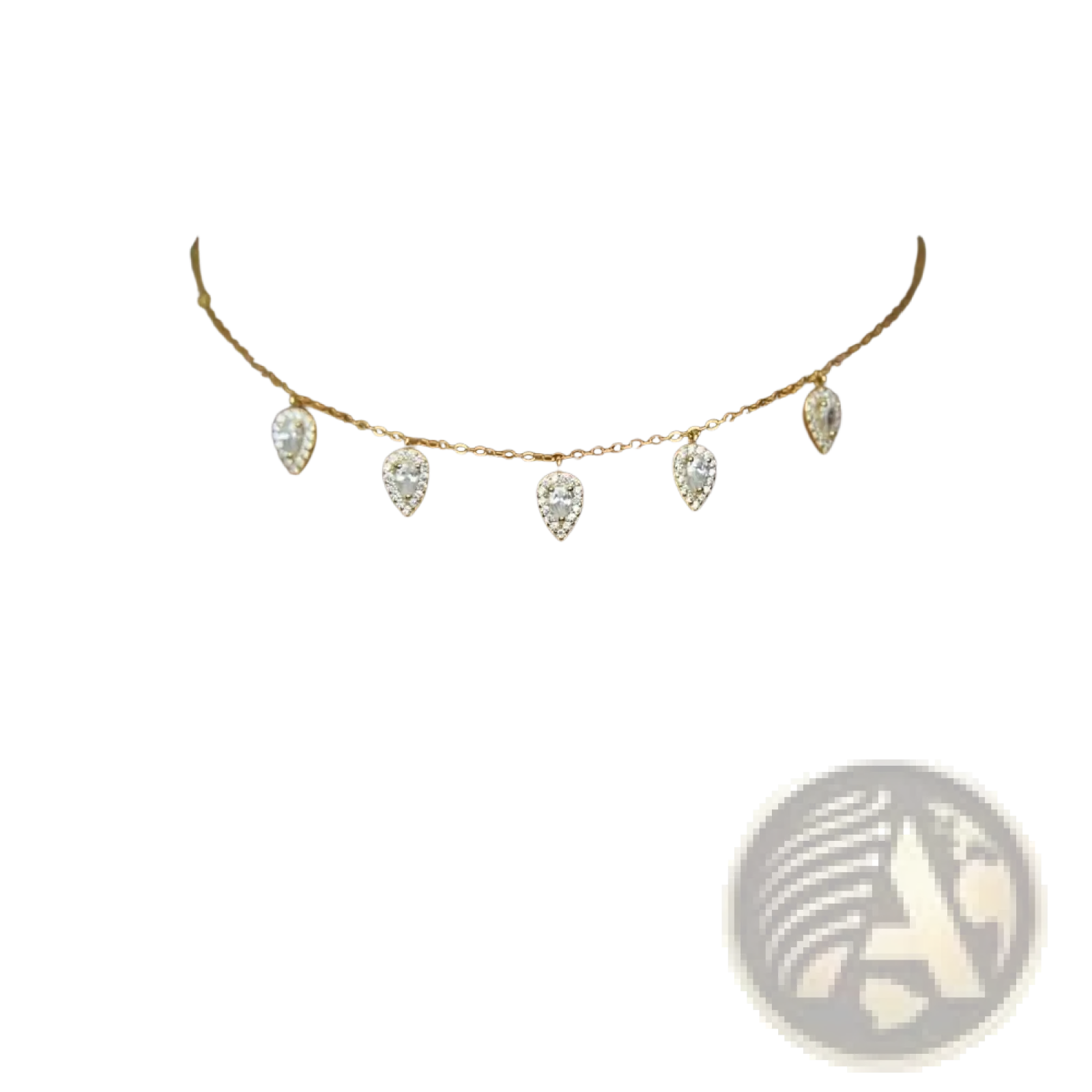 A delicate gold cz zircon teardrop choker necklace with four clear crystal encrusted pendants