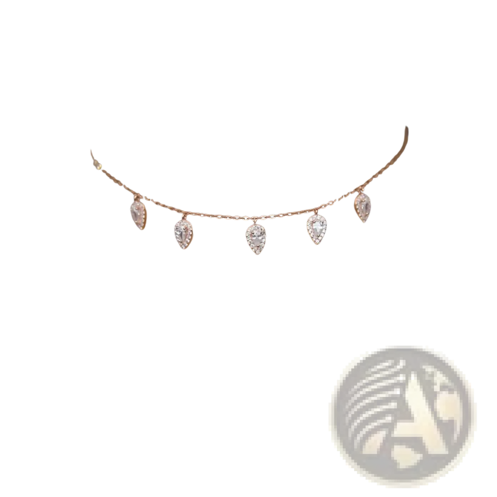 A delicate rose gold cz zircon teardrop choker necklace with five teardrop-shaped crystals