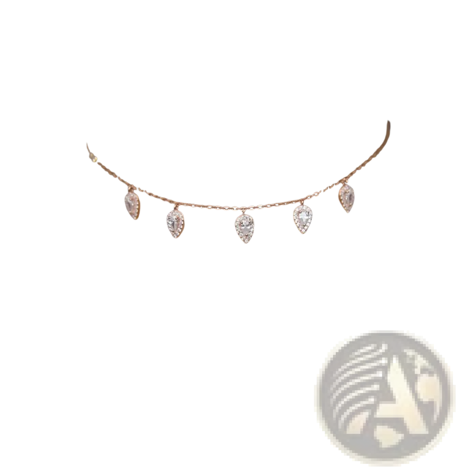 A delicate rose gold cz zircon teardrop choker necklace with five teardrop-shaped crystals